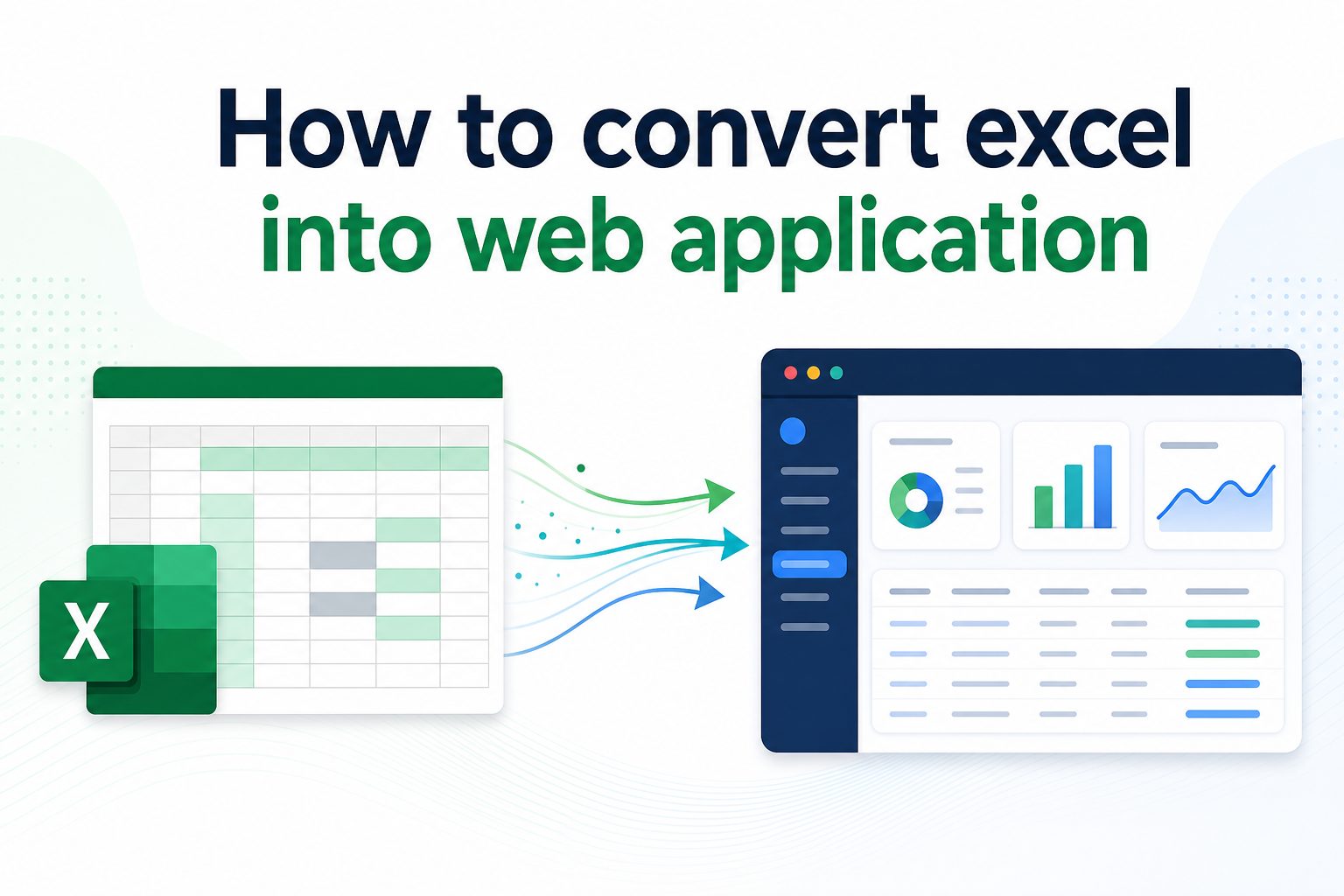 Spreadsheet data transforming into a web app dashboard on a laptop